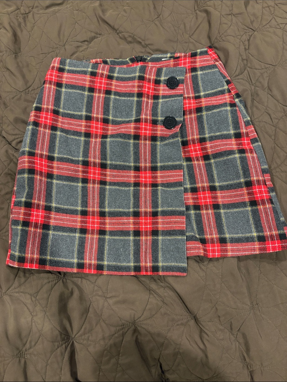 H&M Red, Black and Yellow Plaid Wrap-Style Mini Skirt